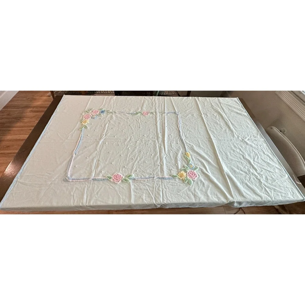 Vintage Hand Embroidered Tablecloth 72x49 Floral Pink‎ Green Yellow Rectangle